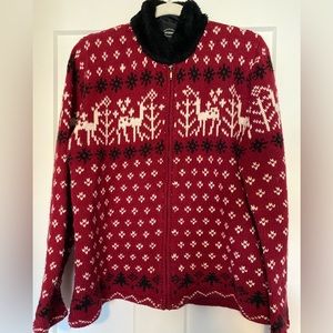 Designers Original Holiday‎ Zip Front Sweater, Faux Fur collar, reindeer,…